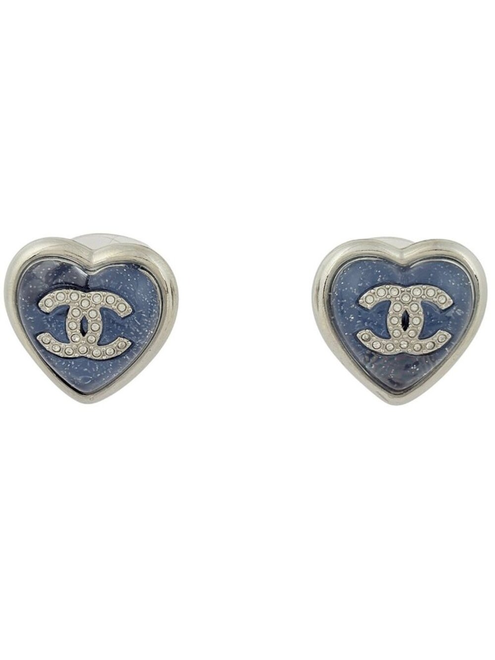 Chanel Earrings CC Logo Heart Silver Plated Rhinestone Color Stone Blue